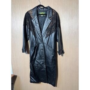 Vintage 90's Avanti Leather Coat Black Lace Trim Long Trench Jacket Womens